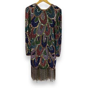 Vintage Creative Creations Silk Beaded Sequin Tassel Fringe Dress Colorful India